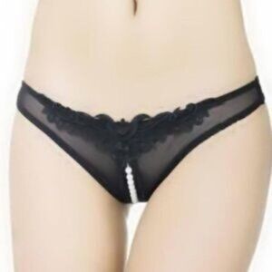 Sexy Black Lace Pearl Crotchless Panties